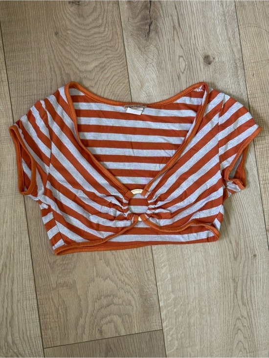 Tops - Striped Orange & White Twist-Front Crop Top